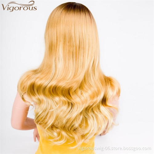 Vigorous Top Quality Long Ombre Dark Root To Blonde Wig Body Wavy Synthetic Wigs For White Women High Temperature